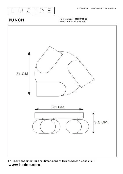 Lucide PUNCH - Spot plafond - Ø 21 cm - 3xGU10 - Noir - TECHNISCH